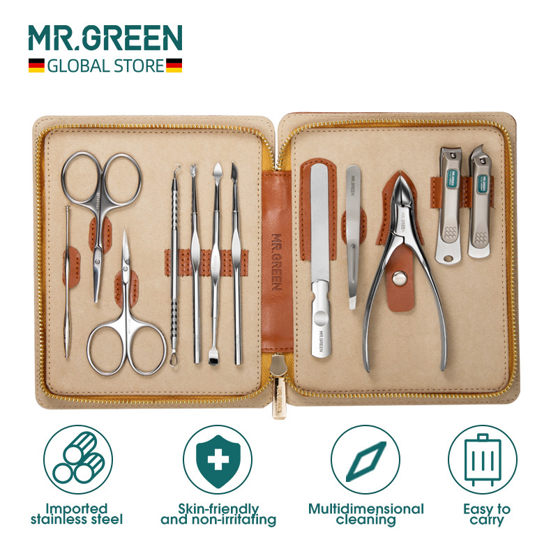 MR.GREEN manikiūro rinkinys 12 viename, pilnai veikiantis rinkinys Profesionalūs nerūdijančio plieno pedikiūro rinkiniai su odiniu nešiojamu dėklu Idea Dovana