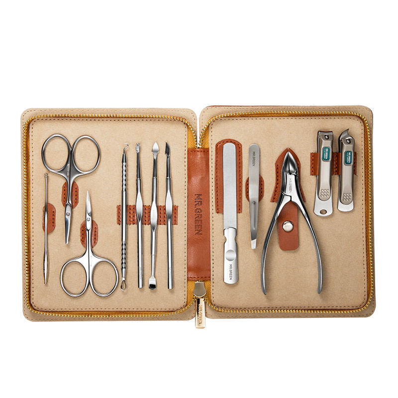 MR.GREEN manikiūro rinkinys 12 viename, pilnai veikiantis rinkinys Profesionalūs nerūdijančio plieno pedikiūro rinkiniai su odiniu nešiojamu dėklu Idea Dovana