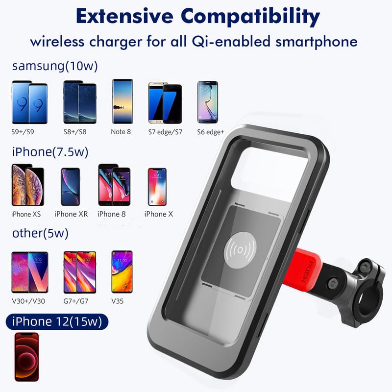 Bezdrôtová nabíjačka pre motocykle Untoom, vodotesný držiak na mobilný telefón, puzdro na riadidlá motocykla, bicykla, skútra