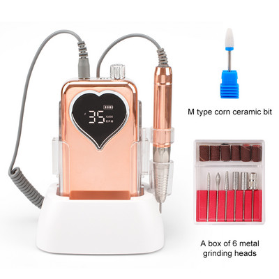Mașină electrică de găurit unghii pentru manichiură, reîncărcabilă, 35000 RPM, fără perii, portabilă, fără fir, în formă de inimă, placare cu argint E File