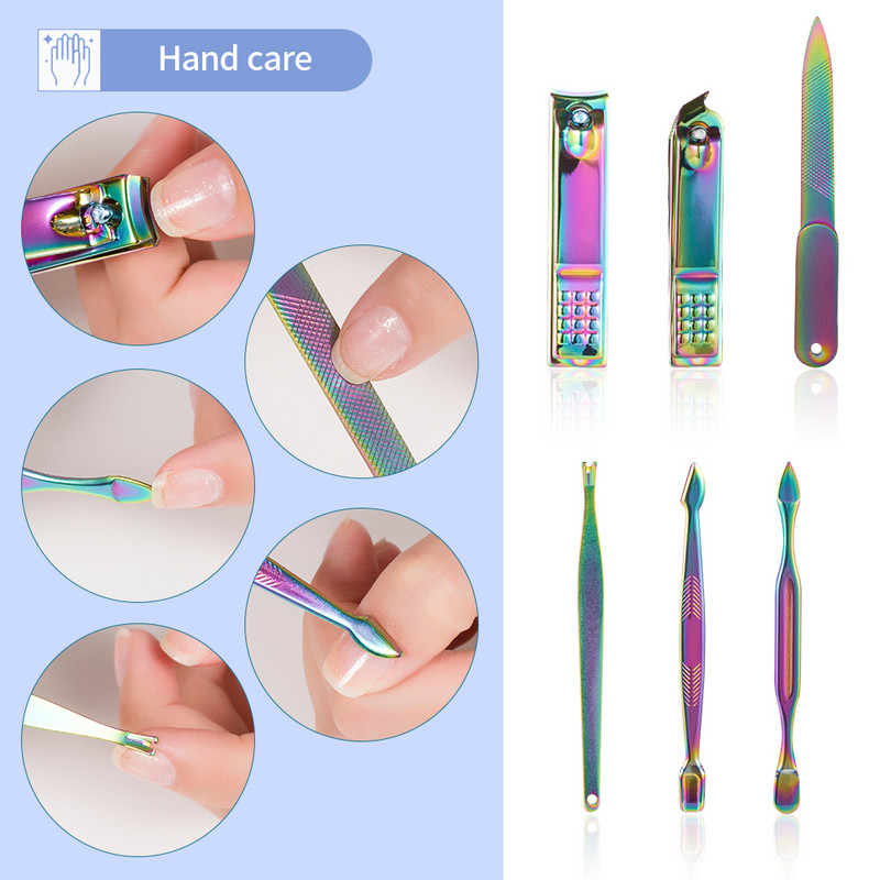 Set de instrumente de manichiură inoxidabil Curcubeu, cu tăietor de unghii, foarfece pentru urechi, linguriță, instrumente de tăiat, set de pedichiură, set de tăietoare de unghii, machiaj