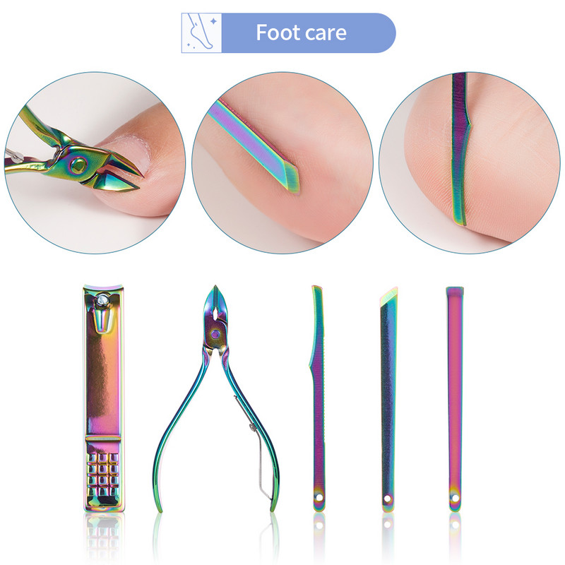Set de instrumente de manichiură inoxidabil Curcubeu, cu tăietor de unghii, foarfece pentru urechi, linguriță, instrumente de tăiat, set de pedichiură, set de tăietoare de unghii, machiaj