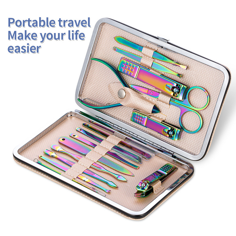 Set de instrumente de manichiură inoxidabil Curcubeu, cu tăietor de unghii, foarfece pentru urechi, linguriță, instrumente de tăiat, set de pedichiură, set de tăietoare de unghii, machiaj