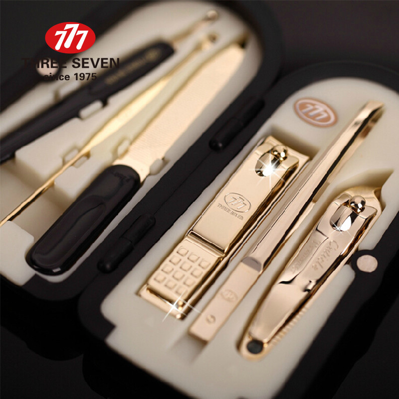 TRYS SEPTYNI/777 6vnt. Prabangus manikiūro nagų kirpimo mašinėlių rinkinys 14K paauksuotas profesionalios pedikiūro priežiūros priemonės Dovanos