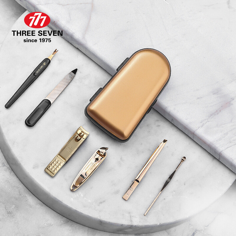 TRYS SEPTYNI/777 6vnt. Prabangus manikiūro nagų kirpimo mašinėlių rinkinys 14K paauksuotas profesionalios pedikiūro priežiūros priemonės Dovanos