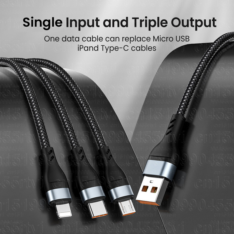 6A 3 az 1-ben SuperCharging kábel Micro USB Type-C gyorstöltő Micro USB Type-C adatkábel iPhone 14 13 Samsung Xiaomi Huawei telefonhoz