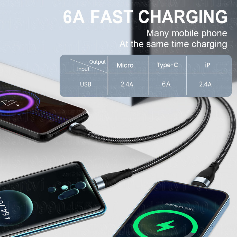 6A 3 az 1-ben SuperCharging kábel Micro USB Type-C gyorstöltő Micro USB Type-C adatkábel iPhone 14 13 Samsung Xiaomi Huawei telefonhoz