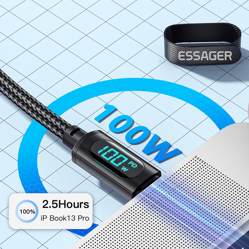 Cablu USB tip C Essager PD 100W la USB C 7A Cablu fir de încărcare rapidă pentru încărcător pentru OPPO Realme Huawei Poco Samsung Cablu de afișare