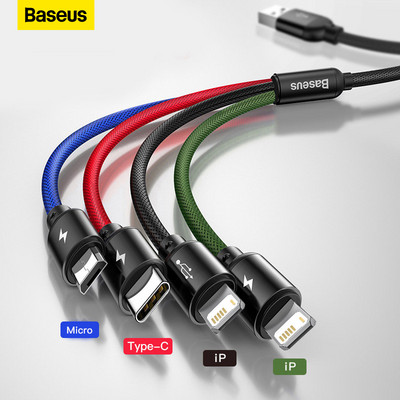 Baseus 3 в 1 USB кабел Тип C Кабел за Samsung Xiaomi Mi 4 в 1 Кабел за iPhone 14 13 12 X 11 Pro Max зарядно Micro USB кабел