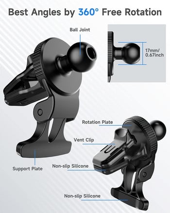 Untoom 17 мм основа със сферична глава за автомобилен държач за телефон Универсален автомобилен вентилационен отвор Стойка за мобилен телефон GPS скоба Стойка за щипка за изход за въздух в кола
