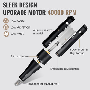 Ηλεκτρικό μηχάνημα μανικιούρ 40000 RPM με οθόνη LCD Επαναφορτιζόμενο μηχάνημα τρυπάνι νυχιών χαμηλού θορύβου Επαγγελματικός εξοπλισμός τέχνης νυχιών