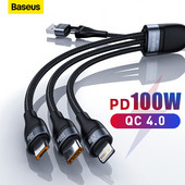 Baseus 3 σε 1 καλώδιο USB C για iPhone 14 13 12 Pro 11 XR Καλώδιο φορτιστή 100W Καλώδιο Micro USB Type C για Macbook Pro Samsung Xiaomi