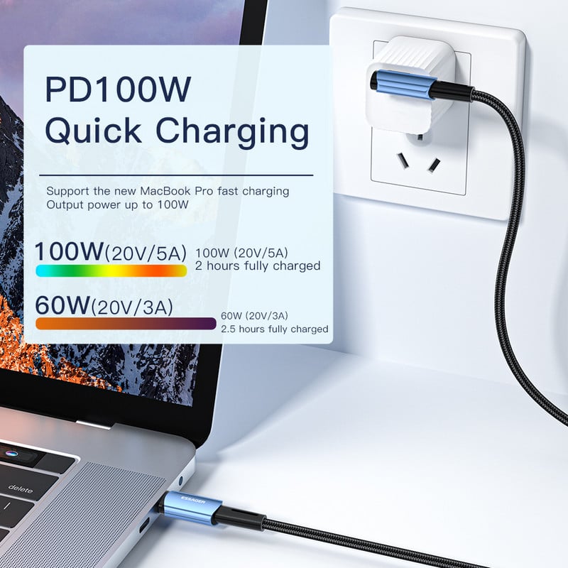 Essager 100 W-os USB Type-C-USB C kábel 90 fokos szög iPad MacBook Pro Xiaomi Samsung Huawei gyorstöltő C-típusú dátumvezetékhez