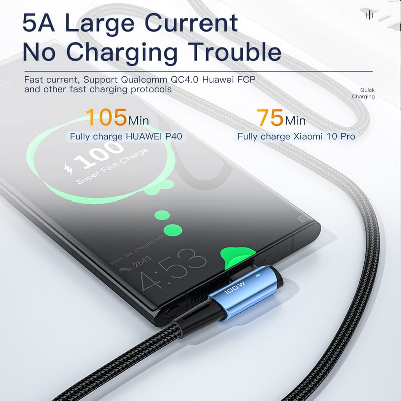 Essager 100 W-os USB Type-C-USB C kábel 90 fokos szög iPad MacBook Pro Xiaomi Samsung Huawei gyorstöltő C-típusú dátumvezetékhez