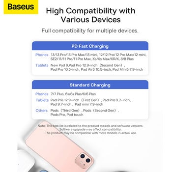 Baseus PD 20W USB C кабел за iPhone 13 12 11 pro max Кабел за iPhone Бързо зареждане за iPhone X XR 8 USB Type C към кабел за мълния
