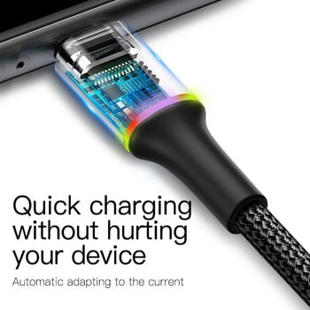 Baseus LED USB кабел за iPhone 13 12 11 Pro Xs Max X Xr 8 7 6 Зарядно устройство за бързо зареждане Кабел за данни на мобилен телефон за iPad Жичен кабел