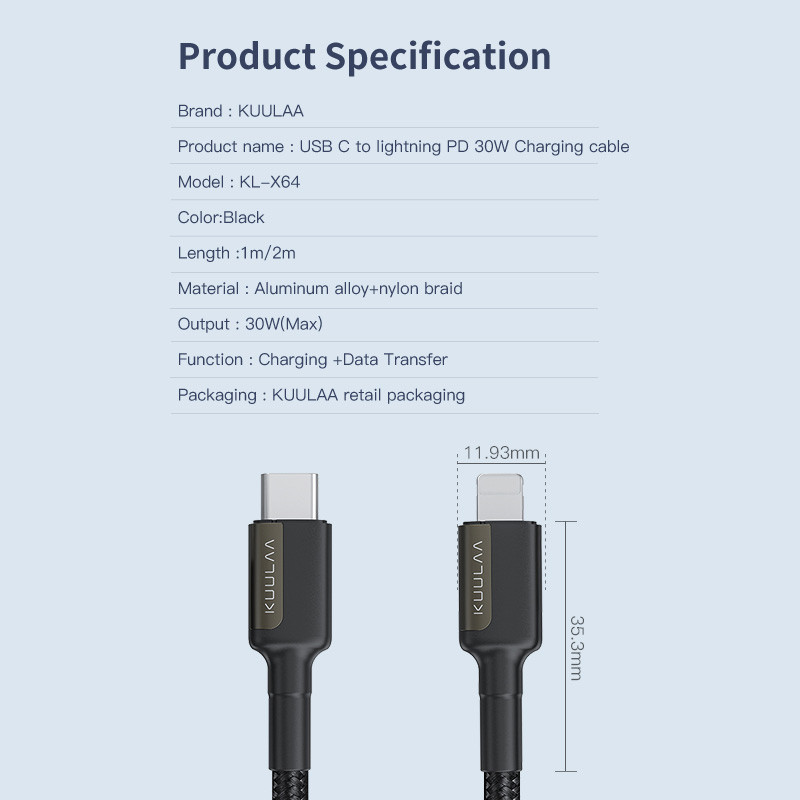Καλώδιο USB C KUULAA 30W για iPhone 14 13 Pro Max Καλώδιο γρήγορης φόρτισης PD τύπου C σε καλώδιο lightning για iPhone 12 mini pro max