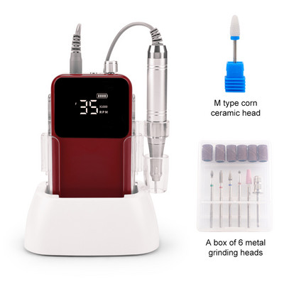 Električna bušilica za nokte bez jezgre, 35000 okretaja u minuti, snažna punjiva baterija, bežična pedikura noktiju s prijenosnom stolnom bazom