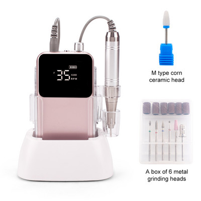 Električna bušilica za nokte bez jezgre, 35000 okretaja u minuti, snažna punjiva baterija, bežična pedikura noktiju s prijenosnom stolnom bazom