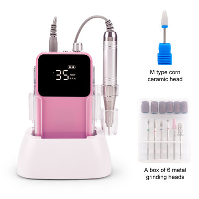 Električna bušilica za nokte bez jezgre, 35000 okretaja u minuti, snažna punjiva baterija, bežična pedikura noktiju s prijenosnom stolnom bazom