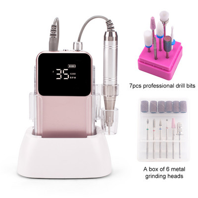 Električna bušilica za nokte bez jezgre, 35000 okretaja u minuti, snažna punjiva baterija, bežična pedikura noktiju s prijenosnom stolnom bazom