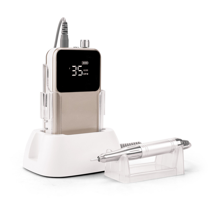 Električna bušilica za nokte bez jezgre, 35000 okretaja u minuti, snažna punjiva baterija, bežična pedikura noktiju s prijenosnom stolnom bazom