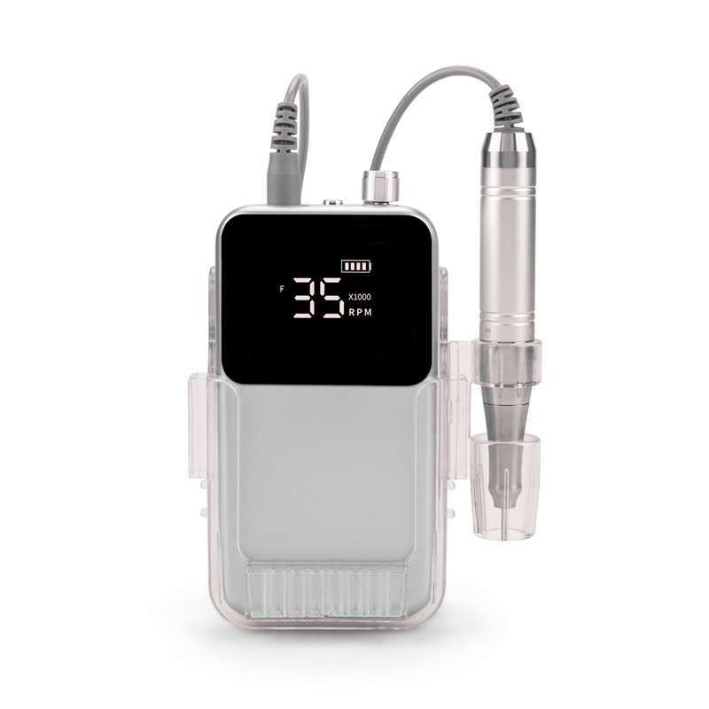 Električna bušilica za nokte bez jezgre, 35000 okretaja u minuti, snažna punjiva baterija, bežična pedikura noktiju s prijenosnom stolnom bazom