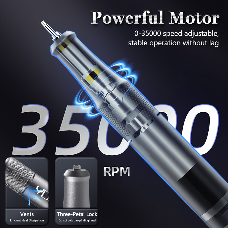 Mașină electrică de găurit unghii, reîncărcabilă, de 35000 rpm, cu funcție de memorie, freză E-File pentru seturi de manichiură de salon pentru arta unghiilor