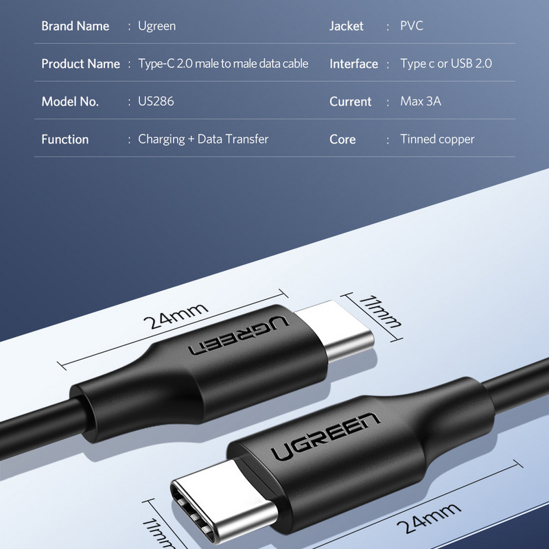 Ugreen kábel USB C na USB typu C pre Samsung S20 PD 60W pre MacBook iPad Pro Quick Charge 3.0 USB-C kábel pre rýchle nabíjanie