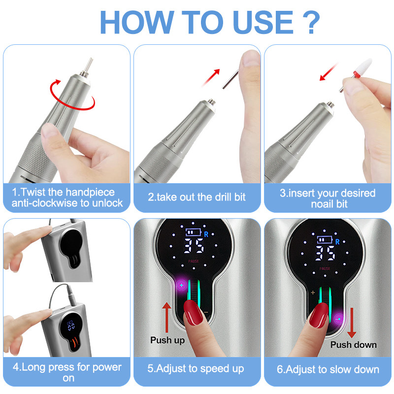 Mașină de găurit unghii 35000 RPM Freză electrică de găurit unghii fără perii pentru manichiură Pilă electrică portabilă de unghii pentru lac de gel