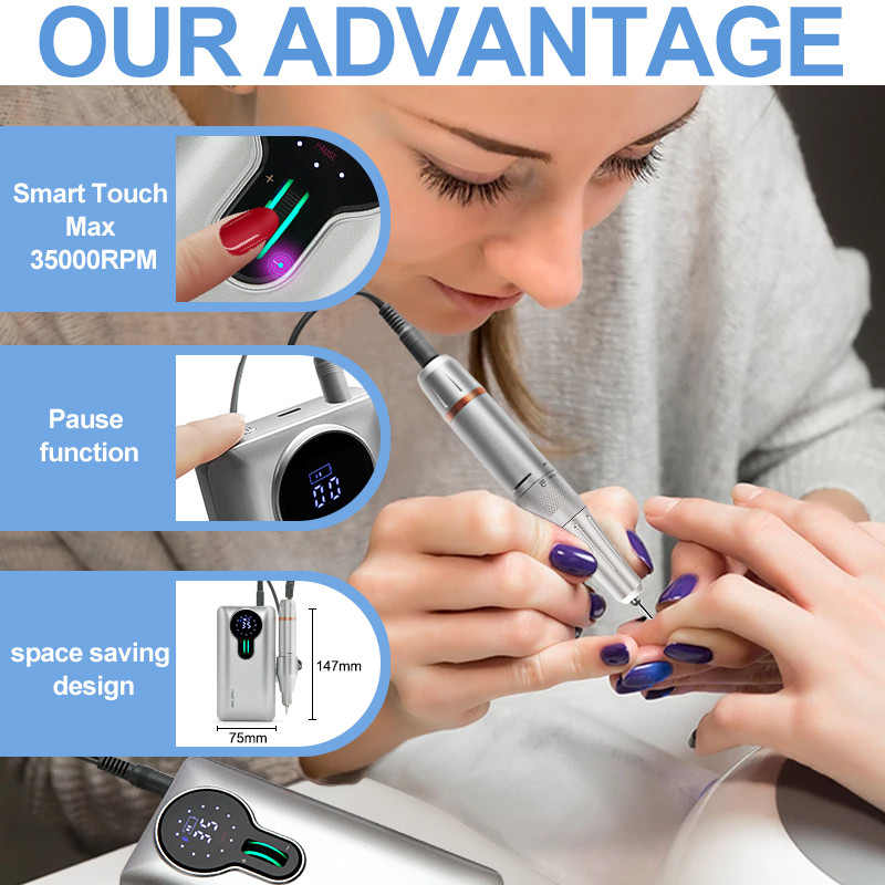 Mașină de găurit unghii 35000 RPM Freză electrică de găurit unghii fără perii pentru manichiură Pilă electrică portabilă de unghii pentru lac de gel