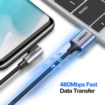 Ugreen USB C кабел за Samsung S9 S10 Plus Quick Charge 3.0 под прав ъгъл USB Type C Fast Charger Data Cable за игра USB-C кабел