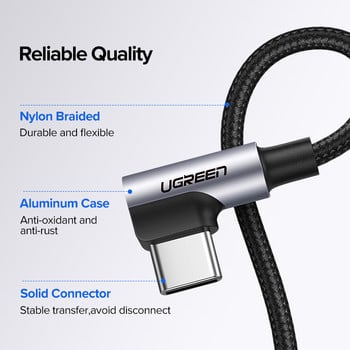 Ugreen USB C кабел за Samsung S9 S10 Plus Quick Charge 3.0 под прав ъгъл USB Type C Fast Charger Data Cable за игра USB-C кабел