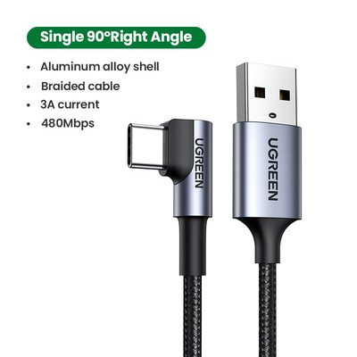 Ugreen USB C kábel Samsung S9 S10 Plus Quick Charge 3.0, derékszögű USB Type C gyorstöltő adatkábel játékhoz USB-C vezeték