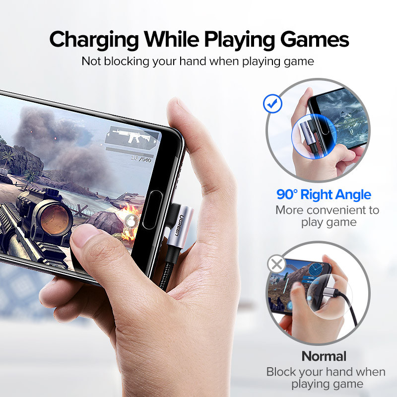Ugreen USB C kábel Samsung S9 S10 Plus Quick Charge 3.0, derékszögű USB Type C gyorstöltő adatkábel játékhoz USB-C vezeték