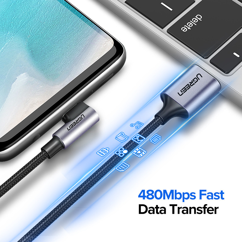 Ugreen USB C kábel Samsung S9 S10 Plus Quick Charge 3.0, derékszögű USB Type C gyorstöltő adatkábel játékhoz USB-C vezeték