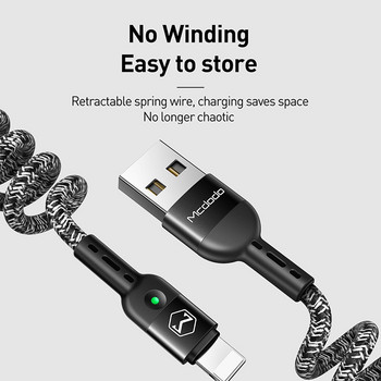 Mcdodo USB Cable Extension Spring Extension Retractabl Charger Cord за iPhone 14 13 12 11 Pro XS MAX X Fast Charge PD Phone LED Data Wire