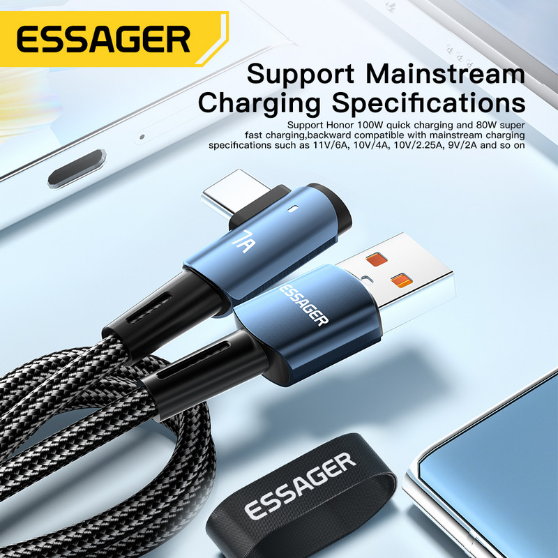 Essager 7A USB tip C kabel 90 stupnjeva za OPPO 100W kabel za brzo punjenje za Honor Huawei Oneplus Realme kutni punjač Podatkovna žica