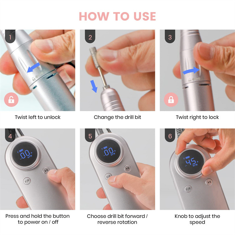 45000 RPM elektrinė nagų gręžimo mašina įkraunamas nagų šlifuoklis LED ekrano gelio šalinimo rinkinys, nešiojamasis nagų salono poliravimo įrenginys