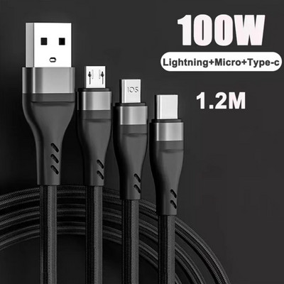 100W 3 σε 1 Καλώδιο SuperCharging 6A Micro USB Type-C Καλώδιο δεδομένων καλωδίου τύπου C για γρήγορο φορτιστή για iPhone Samsung Xiaomi Huawei