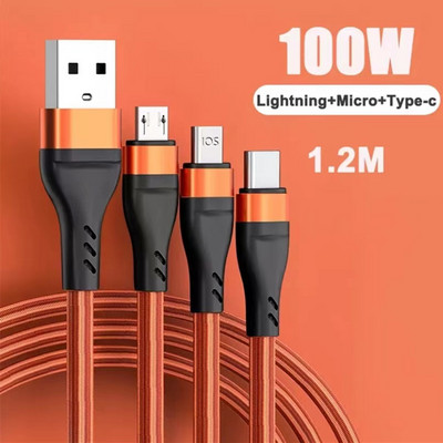 100W 3 σε 1 Καλώδιο SuperCharging 6A Micro USB Type-C Καλώδιο δεδομένων καλωδίου τύπου C για γρήγορο φορτιστή για iPhone Samsung Xiaomi Huawei