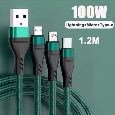 100W 3 σε 1 Καλώδιο SuperCharging 6A Micro USB Type-C Καλώδιο δεδομένων καλωδίου τύπου C για γρήγορο φορτιστή για iPhone Samsung Xiaomi Huawei