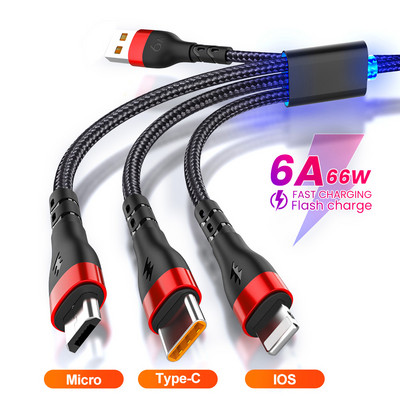 Cablu USB 6A 3in1 Cablu de incarcare incarcator rapid pentru iPhone 14 13 12 Pro max Tip C Xiaomi 11 Huawei P40 Samsung S20 Cablu incarcator