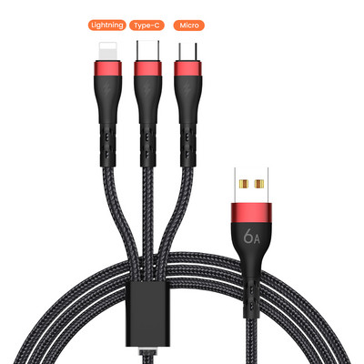 6A Καλώδιο USB 3 σε 1 Καλώδιο φόρτισης γρήγορης φόρτισης για iPhone 14 13 12 Pro max Type C Καλώδιο φόρτισης Xiaomi 11 Huawei P40 Samsung S20