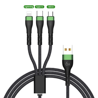 6A Καλώδιο USB 3 σε 1 Καλώδιο φόρτισης γρήγορης φόρτισης για iPhone 14 13 12 Pro max Type C Καλώδιο φόρτισης Xiaomi 11 Huawei P40 Samsung S20