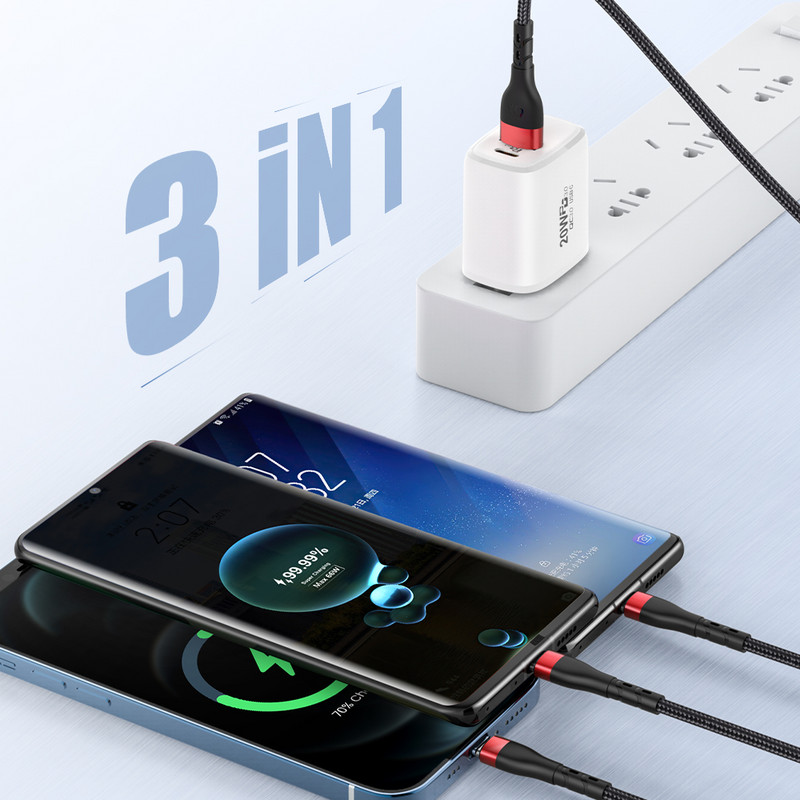 6A Καλώδιο USB 3 σε 1 Καλώδιο φόρτισης γρήγορης φόρτισης για iPhone 14 13 12 Pro max Type C Καλώδιο φόρτισης Xiaomi 11 Huawei P40 Samsung S20