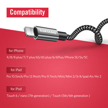 Suntaiho USB кабел за iPhone Кабел за зарядно устройство 11 XR 7plus XS X 11 Pro Max 8 7 6 6s 5 5s 2.4A Бързо зареждане зарядно USB телефонен кабел
