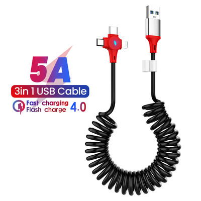 5A 3in1 1,8M Καλώδιο φόρτισης ελατηρίου USB A σε Micro USB Type-C για iPhone Καλώδιο δεδομένων γρήγορου φορτιστή για Huawei Sansung Xiaomi