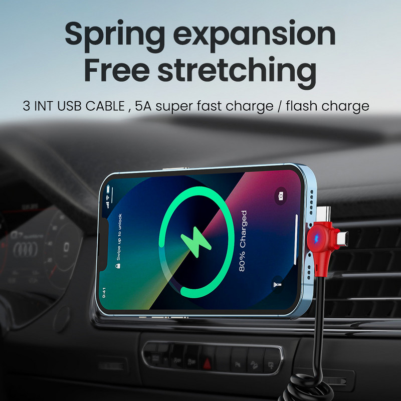 5A 3in1 1,8M Καλώδιο φόρτισης ελατηρίου USB A σε Micro USB Type-C για iPhone Καλώδιο δεδομένων γρήγορου φορτιστή για Huawei Sansung Xiaomi