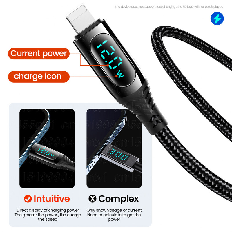 LED-es kijelző USB-kábel iPhone gyorstöltőhöz USB A - világítási kábel iPhone 14 13 12 11 Pro Max XS XR X adatkábelhez